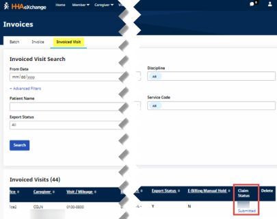 Invoiced Visit Search Claim Status Column